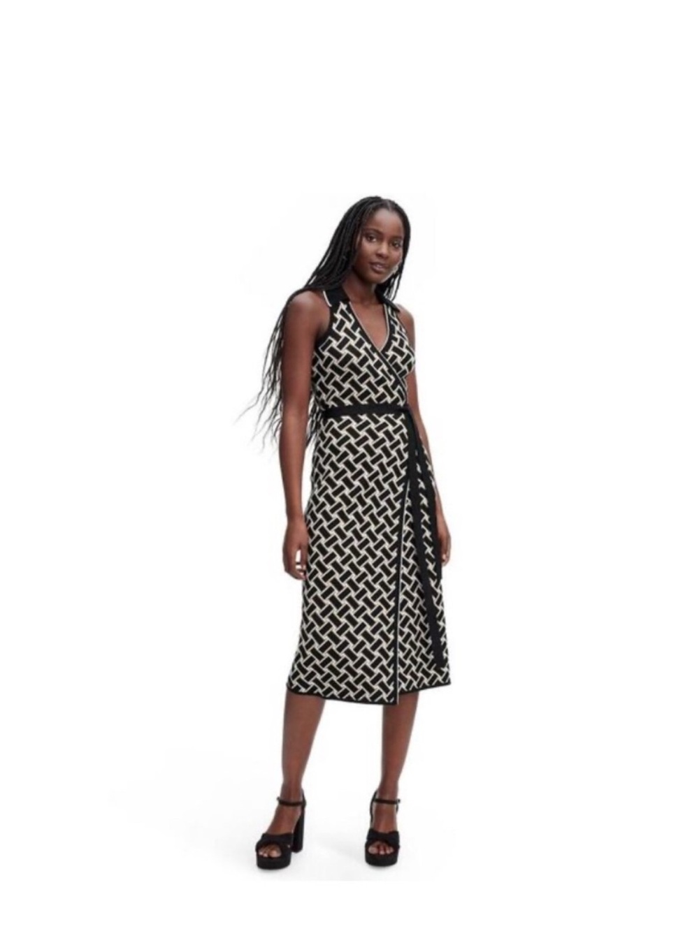 Diane Von Furstenberg Black and White Geometric Wrap-Style Midi Dress